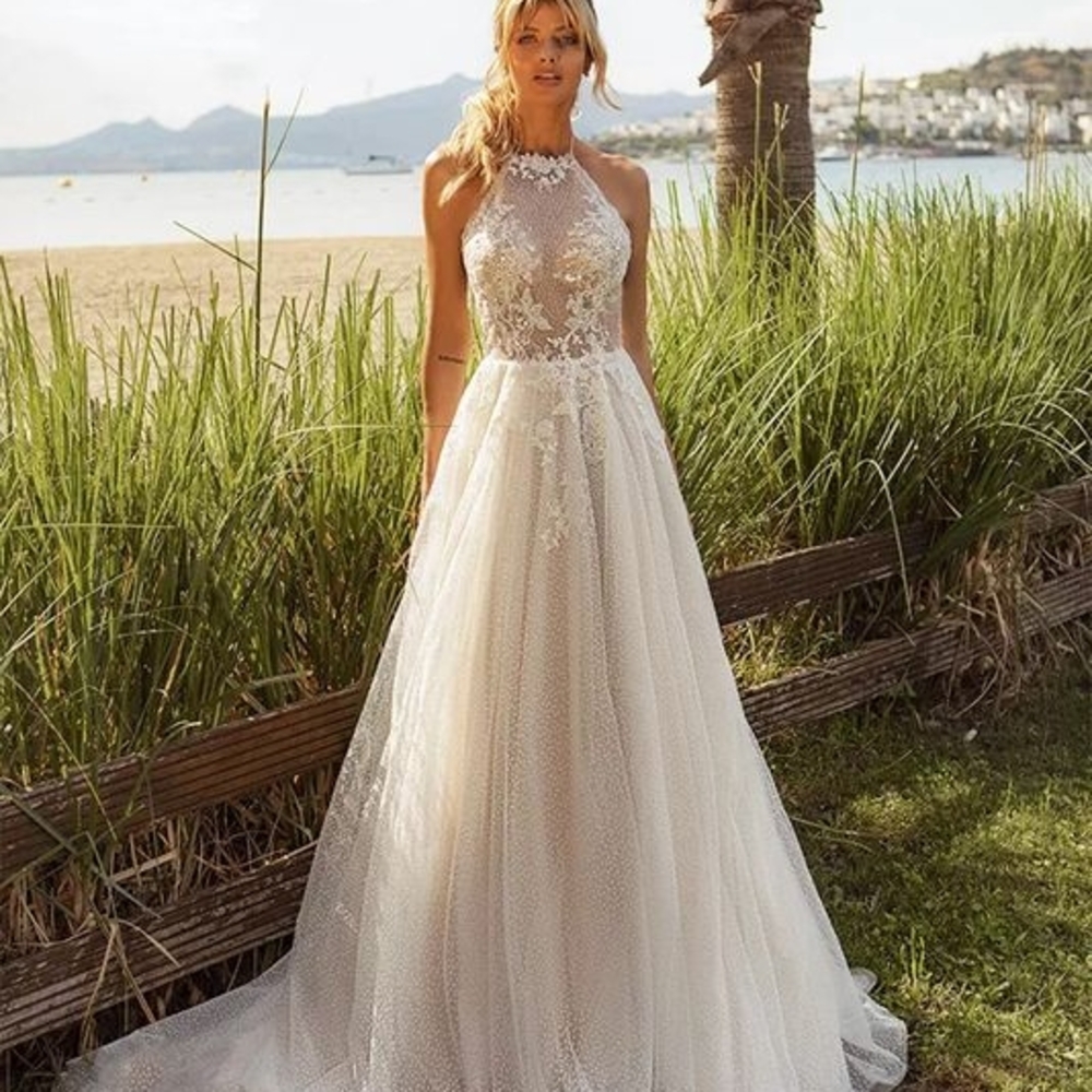 Cream Halter Embellished Wedding Gown Store Sample